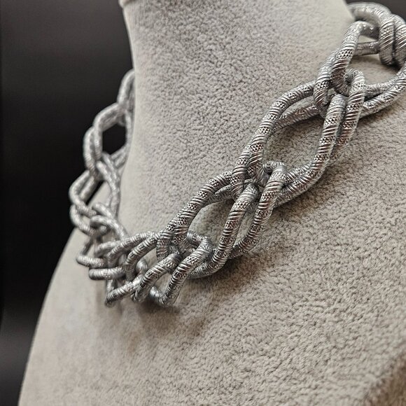 Sabika Silver Textured Double Oblong Intertwined Necklace - Picture 2 of 9